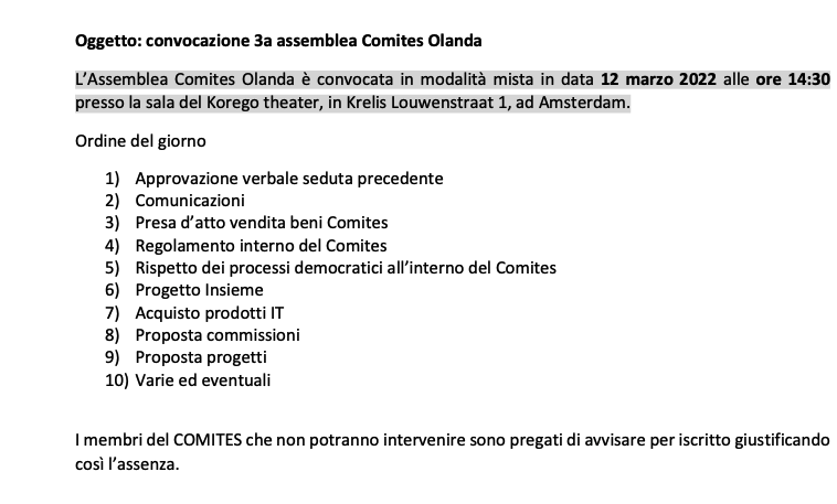 Convocazione assemblea Comites 12/03/2022
